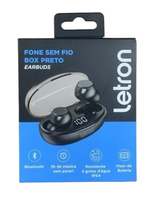 FONE SEM FIO BOX PRETO EARBUDS BLUETOOTH LETRON UN.