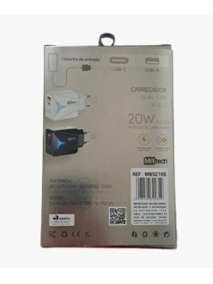CARREGADOR DE TOMADA 20W 2.1A C/2 ENTRADAS USB A&C UN.