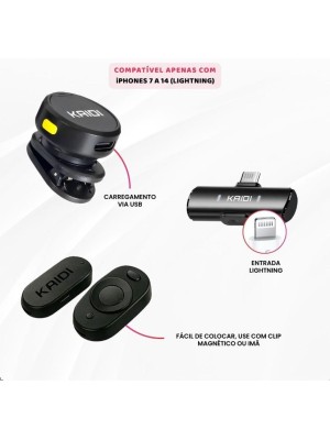 Microfone de Lapela Sem Fio Duplo Kaidi KMF4-A Lightning para iPhone e iPad com Cancelamento de Ruído e Alta Qualidade de Áudio