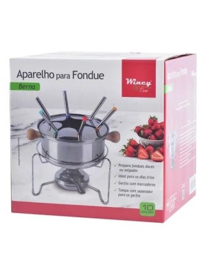 Aparelho de Fondue Berna com 10 peças – panela inox com alças em madeira, suporte, queimador e 6 garfos coloridos. Ideal para queijos, chocolates