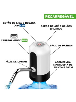 Bomba de Água Elétrica Automática – Recarregável USB, Compatível com Galões, Portátil, Botão Touch e Mangueira Inox para Água Mineral