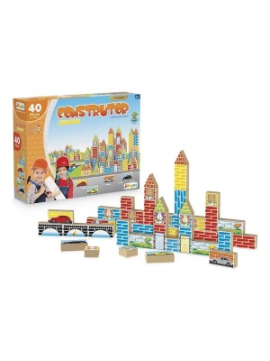 Jogo Construtor Blocos De Montar 40 Peças Em Madeira