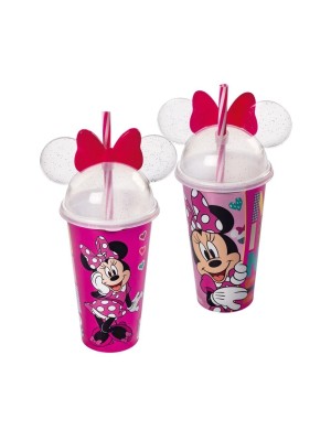 Copo Minnie Mouse 500ml com Tampa, Canudo e Orelhas – Plasútil Original Disney
