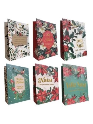 Sacola para Presente de Papel Natalina Estampada 24x31x12cm com Alça Reforçada
