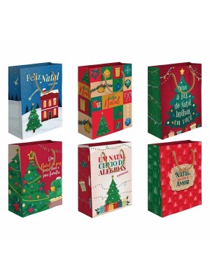 Sacola para Presente de Papel Natalina Estampada 19,4X27X8,6cm com Alça Reforçada