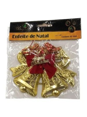 Enfeite Sinos 50x36cm Wincy Natal Decorativo Dourado com Laço e Detalhes Festivos