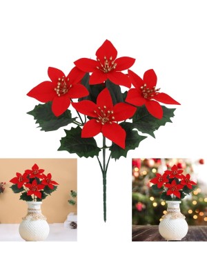 Buquê Poinsetia Stilize Natal – Flor Vermelha Decorativa com Folhagens e Brilho Dourado