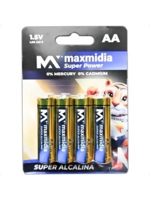 Pilha Alcalina AA Maxmidia Cartela com 4 Unidades 1,5V – Alta Durabilidade, Energia de Longa Duração e Proteção Anti-Vazamento