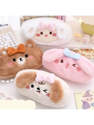 Estojo Feminino Animais de Pelúcia com 1 Zíper – Modelos Ursinho, Coelhinho e Ovelhinha, Fofos e Macios para Escola e Presente