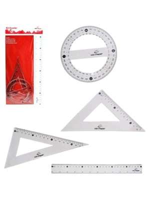 Kit Geométrico Escolar com 4 Peças Transparente – Régua 30cm, Esquadro 45°, Esquadro 60° e Transferidor 180° para Estudantes, Arquitetos e Desenho Téc
