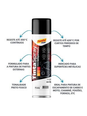 Tinta Spray 400ml Alta Temperatura Preto Fosco Mundial Prime para Motor, Escapamento, Churrasqueira e Peças Metálicas